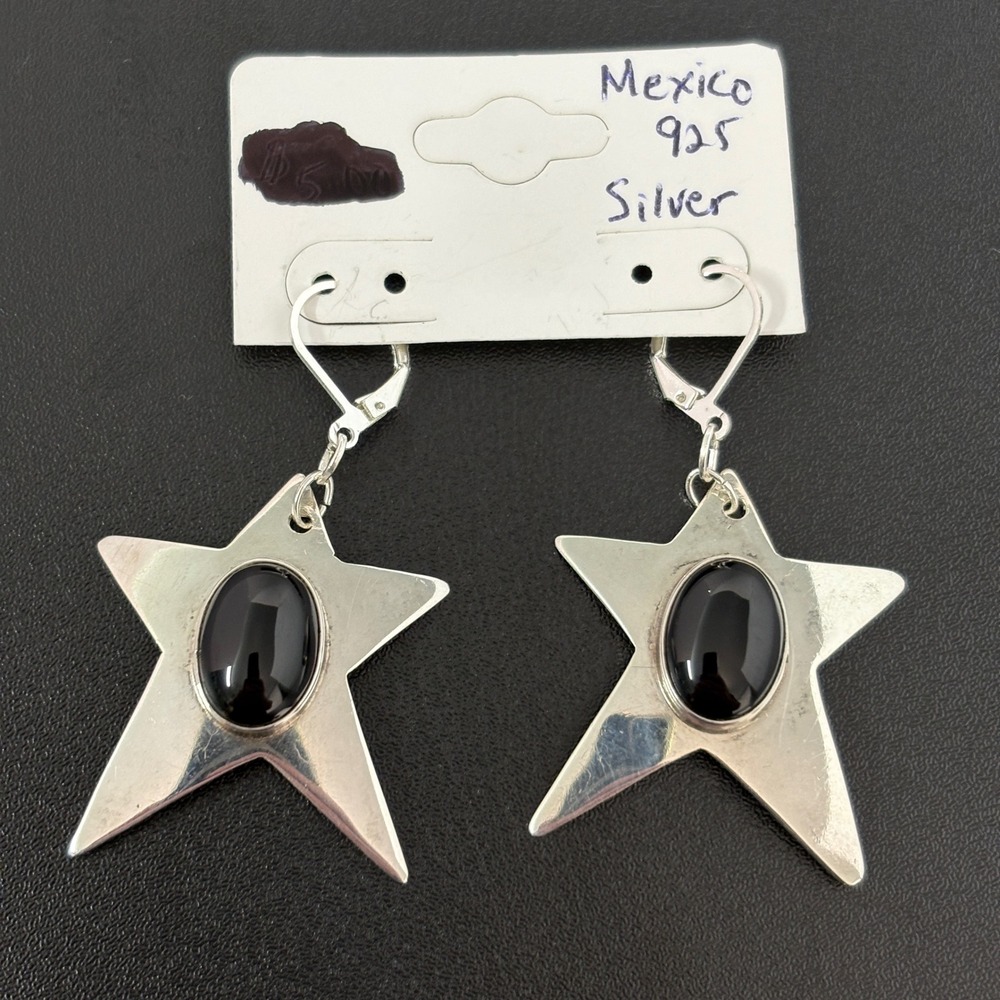 Mexico Women Earrings OS Silver Vintage 925 Sterling Black Onyx Star Dangle